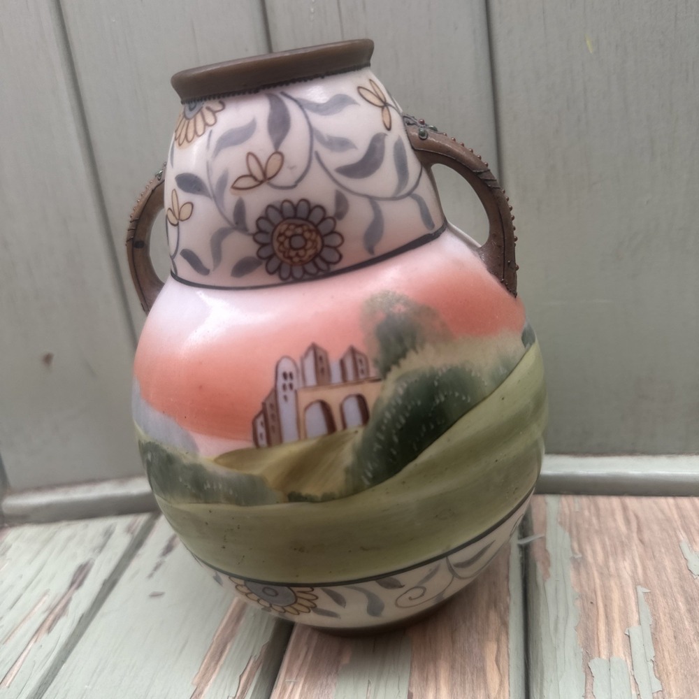 Nippon Noritake Handled Vase - Castle Landscape - Brown Moriage Accents - Japan
